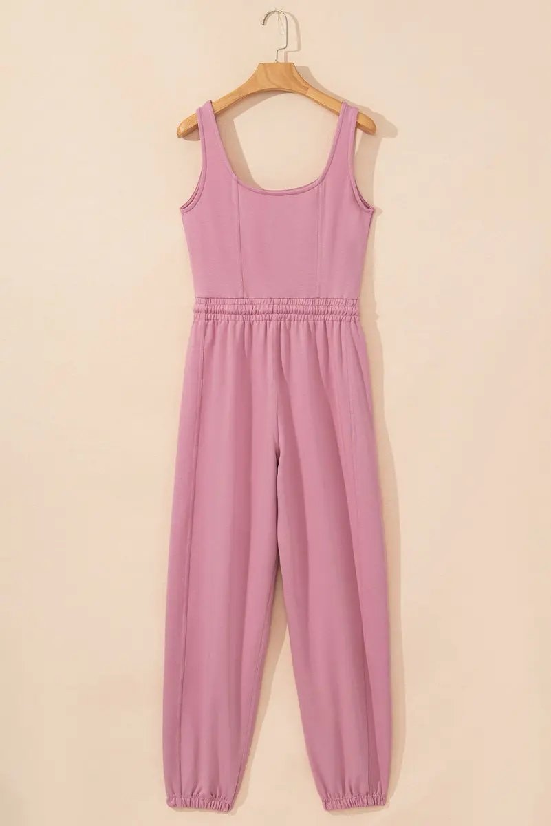 Light Pink Lace-up Elastic Waist Sleeveless Square Neck Jumpsuit - Love Salve